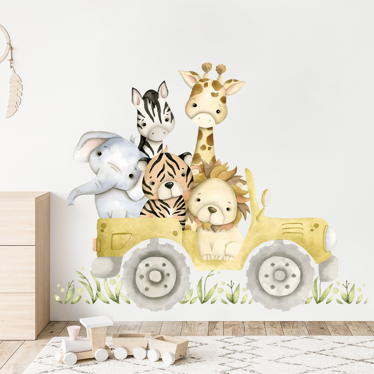 Baby Nursery Elephant - Simpatici animali guidano Jeep adesivi murali