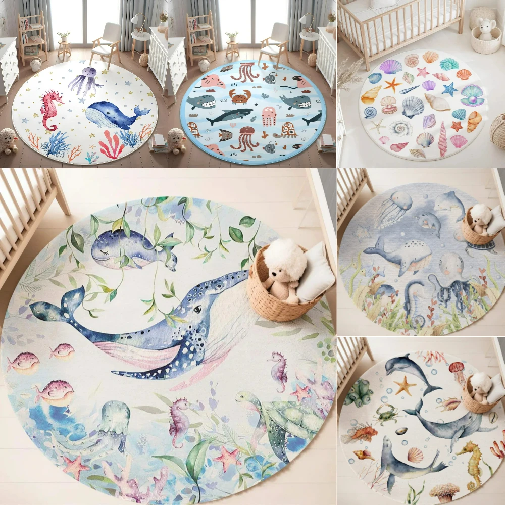 Baby Nursery Carpet - Tappeto rotondo blu con animali marini